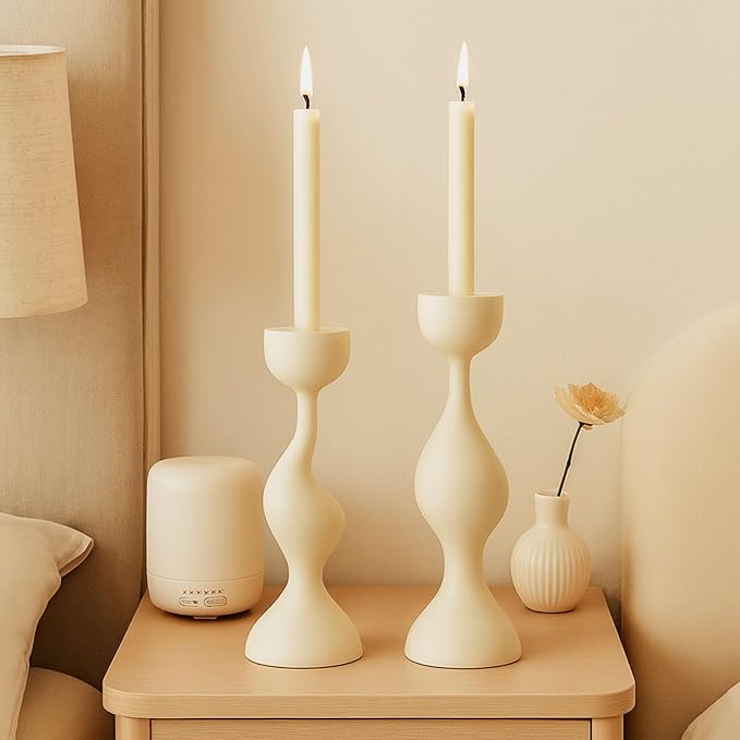 Smtyle Ivory Tapered Candlestick Holders Cast Aluminum Candle Stick Holders Set of 2 for Taper Candles,Home Decor, Dining Table or Mantel