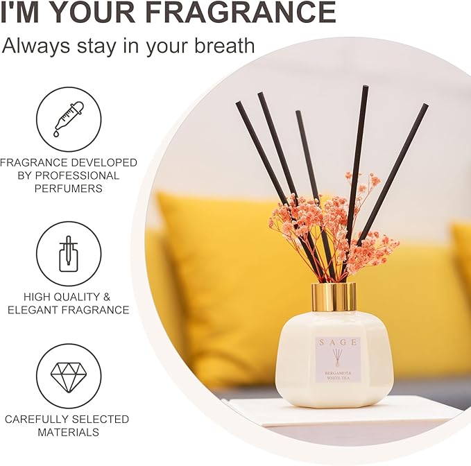 SAGE Hotel Reed Diffuser - Inspired by Westin Room Scent | 3.4oz Bergamot White Tea Scent Diffusers for Home | Preserved Real Flower & Oil Diffuser Sticks | Nightstand or Bathroom Decor for Shelves