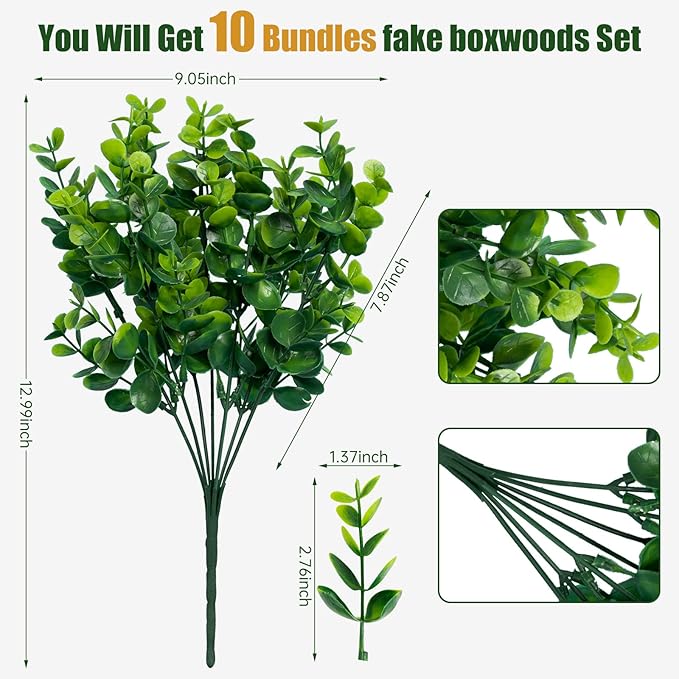 Lnoicy Artificial Greenery Plants Outdoor UV Resistant Fake Plants Boxwood Shrubs Grass,10 Bundles for Farmhouse Home Garden Office Patio Backyard Wedding and Indoor Outdoor Decoration