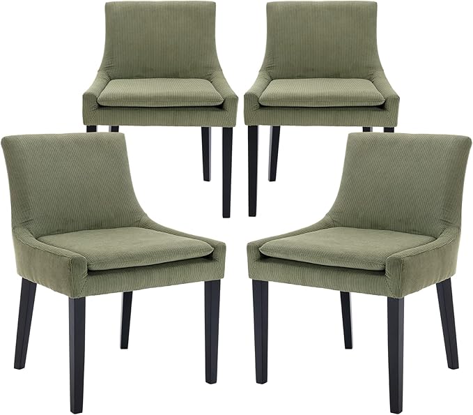 COLAMY Modern Dining Chairs Set of 4, Upholstered Corduroy Accent Side Chairs with Mid Back and Wood Legs for Living Room/Dining Room- Light Green
