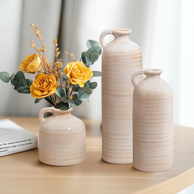 Ceramic Vase Set of 3 – Handcrafted Modern Farmhouse Decorative Vases, Neutral Pottery for Pampas Grass, Flowers, Table Centerpieces, Living Room, Mantel & Shelf Decor – Beige