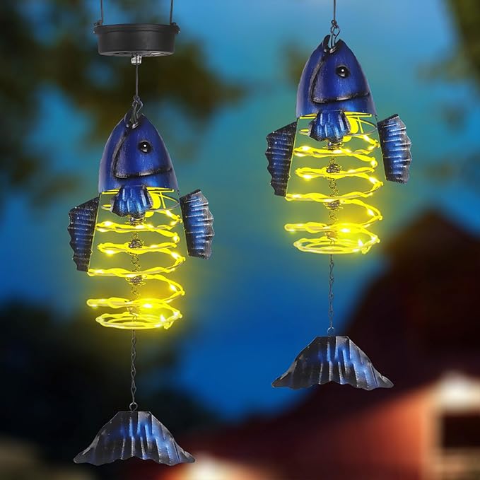 2 Pack Fish Solar Lights Outdoor Hanging Lantern with Handle, Solar Powered Butterflies Garden Decor for Outside Patio Yard Porch Pathway Butterfly Gifts for Women (Warm White LED Lights)