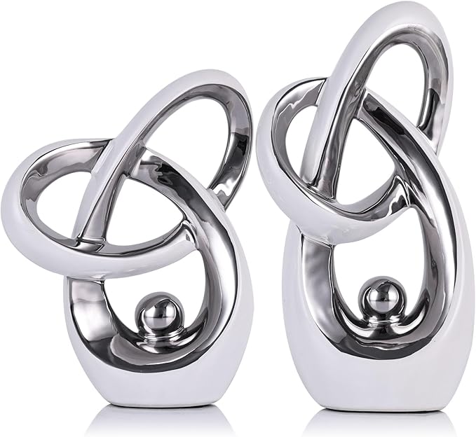 White Silver Modern Abstract Art Home Accent, Statues Coffee Table Decor, Table Centerpieces for Dining Room, Ceramic Sculptures and Gold Knick Knacks for TV Stand Decor