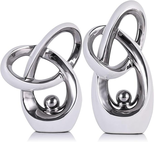 White Silver Modern Abstract Art Home Accent, Statues Coffee Table Decor, Table Centerpieces for Dining Room, Ceramic Sculptures and Gold Knick Knacks for TV Stand Decor