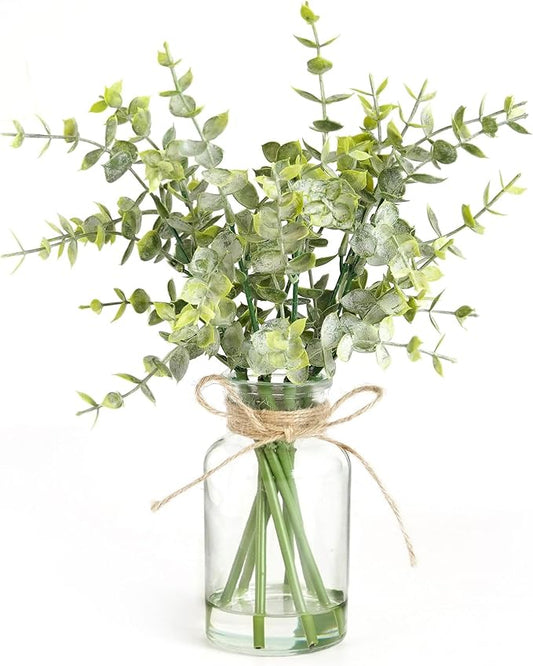 Artificial Eucalyptus Stems in Glass Vase with Faux Water,7Pcs Fake Plant for Centerpiece Bathroom Farmhouse Room Home Decor (Sage Green Eucalyptus)