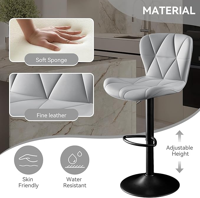 Bar Stools Set of 4,Adjustable Swivel Barstools, Faux Leather Bar Chairs,Upholstered Counter Height with High Backrest for Kitchen Island, Light Grey