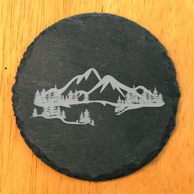 Mountain Majesty Slate Coasters with Stunning Mountain Scene Design - Perfect for Home and Office Decor and Protection of Surfaces, Available in Square or Round Coasters - Round Slate - Set of 5