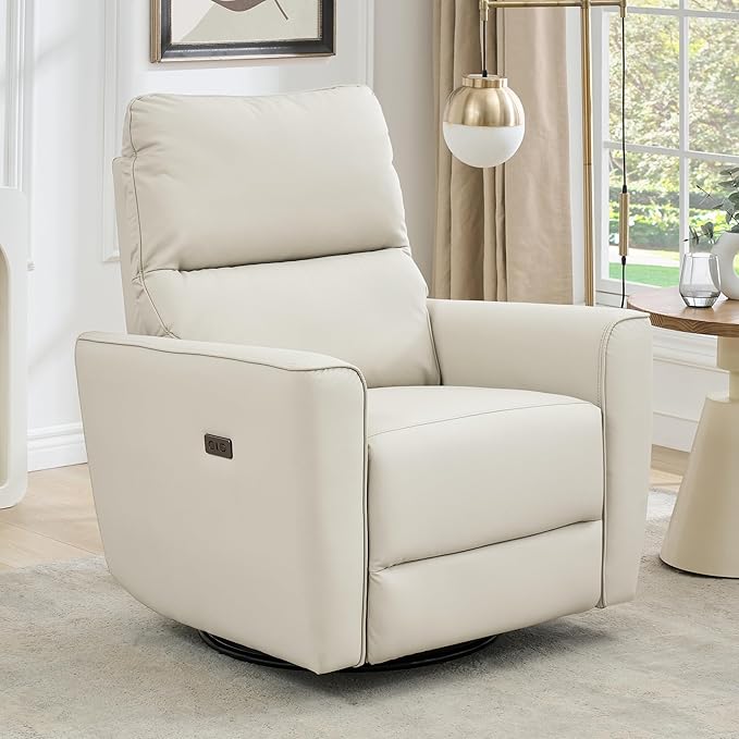 GarveeHome Recliner Chair, 360° Swivel Rocker Glider Nursery Chair with Padded Armrest and Deep Seat, PU Leather Upholstered Reclining Sofa Chair for Living Room, Bedroom and Nursery (Light White)