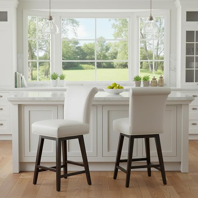 CHITA 26 Inch Counter Height Swivel Bar Stool, FSC Certified Modern Upholstered Faux Leather Swivel Barstool Chair with Back, White