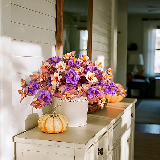 Fake Fall Flowers Artificial for Outdoors Decoration, 2PCS Faux Fall Flowers for Outdoor Planters, Autumn Hibiscus UV Resistant No Fade for Home Porch Patio Garden Balcony Yard Indoor Decor