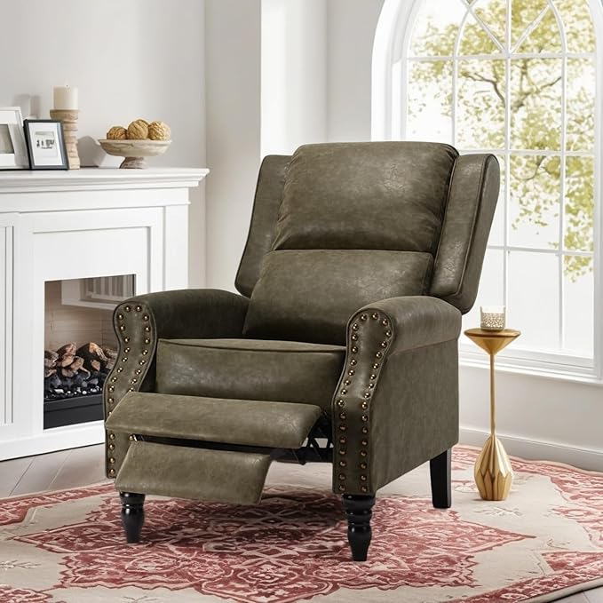 Leather Recliner Chair, Pushback Recliner with Adjustable Backrest Footrest, Mid Modern Reclining Chair with Overstuffed Arms Lumbar Support for Reading, Living Room, Green