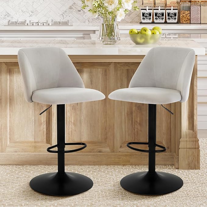 COLAMY Bar Stools Set of 4, Modern Swivel Bar Chairs, Adjustable Upholstered Barstools Counter Height with Full Backrest for Bar, Dining Room, Kitchen Island, Grey