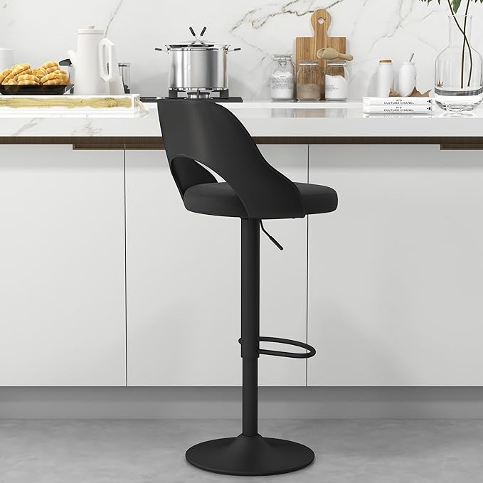 civama Bar Stools 1 PC for Kitchen Counter, Seat Height Adjustable 25''-33'', Modern Upholstered Swivel Island Chairs with Hollow Backrest Metal Base, Black Cotton Linen Fabric with Black Base