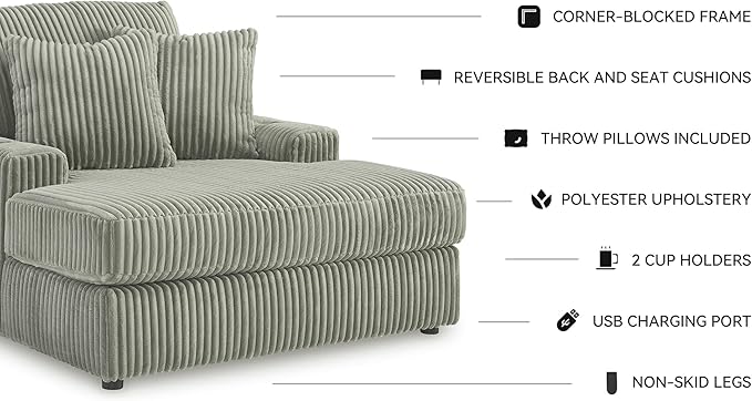 Signature Design by Ashley Lindyn Contemporary Chaise with USB Charging Ports, 2 Cup Holders and Throw Pillows, Gray