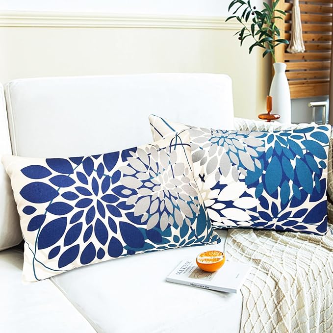 Blue Decorative Throw Pillow Covers 12x20 Inch Pillow Covers for Couch Living Room Bedroom Car Outdoor.Modern Sofa Throw Pillow Cover.Farmhouse Geometric Floral Linen Square Pillow Case.Set of 2