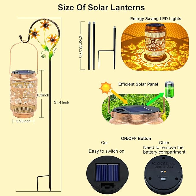 Sunflower Solar Lanterns Outdoor Waterproof with Shepherd Hook, Sunflower Birthday Gifts for Christmas Women Mom Grandma, Metal Solar Hanging Lights Garden Decor for Outside Yard Patio Pathway
