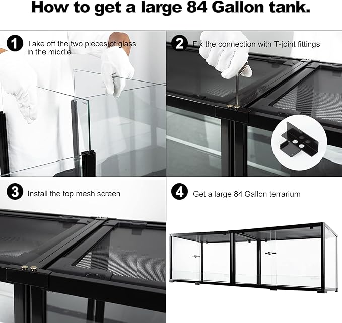 REPTIZOO 84 Gallon Large Reptile Terrarium Extra-Long 60" x 18" x 18" Spliceable Glass Reptile Tank, Double Top Cover Enclosure Habitats
