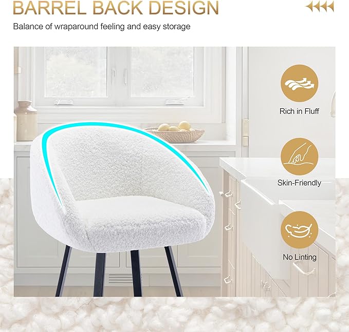 Zesthouse Swivel Counter Height Stools Set of 2, Modern Bar Stools for Kitchen Island, 26'' White Sherpa Kitchen Counter Height Chairs with Barrel Arms & Backs, Upholstered Fabric Bar Chairs