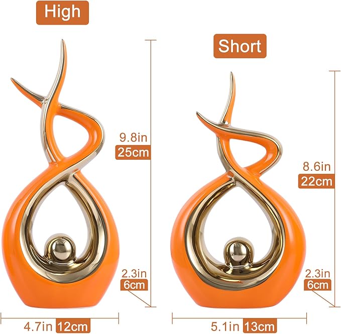 Gold Orange Modern Sculpture Table Decorations, Ceramic Knick Knacks Statues for Living Room Decor, Tv Stand and Desk Decor, Suitable for Coffee Tables and Shelf Decorations, Great Gift Idea