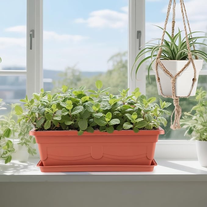 6-Pack 17" + 7" Window Box Planters & Square Pots - 4p Square Planters with Built-in Drainage & Stopper, 2p Rectangular Flower Boxes, Heavy-duty Flower Pots BPA-Free for Indoor Outdoor Gardening