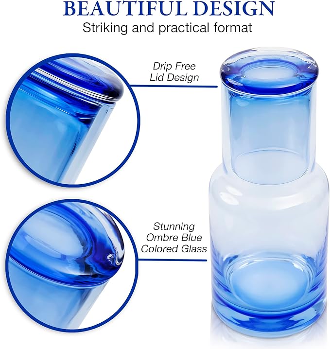 Bedside carafe and glass set, Ombre blue glass bedside carafe with glass that sits inside the carafe, drip free, modern design. 100% dishwasher safe.