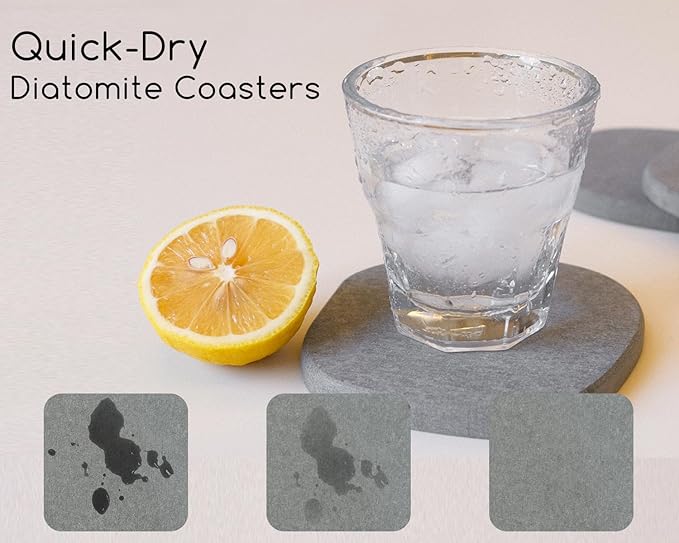 Diatomaceous Earth Coasters, 4pc Set – 3.9"x3.9", Quick-Dry, Absorbent, Heat-Resistant, Modern Stone Design, Dark Gray, Irregular Shape