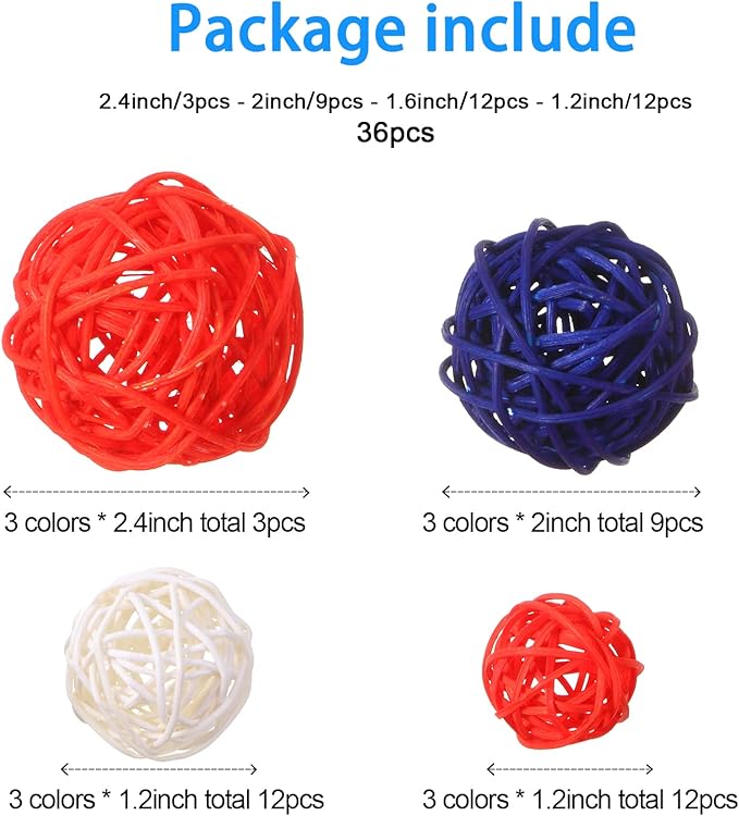 Patelai 36 Pcs Wicker Rattan Balls Decorative Balls for Vase Centerpiece Bowls Orbs Filler for Home Decor,4 Sizes(Royal Blue, White, Red)