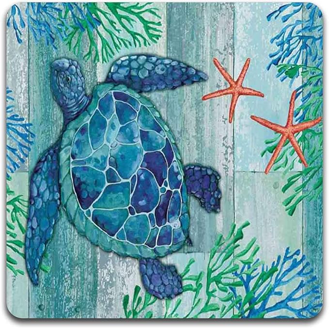 Watercolor Sea Turtle Square Coaster Set - Made of Recycled Rubber - Set of 4