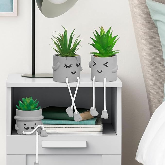 MAKHOT 4 Pcs Creative Artificial Succulent Plants with Cement Pot, Fake Small Plant for Desk Faux Succulents for Bathroom Decor, Mini Plants Succulent Cute Hanging Leg Potted for Office Shelf Decor