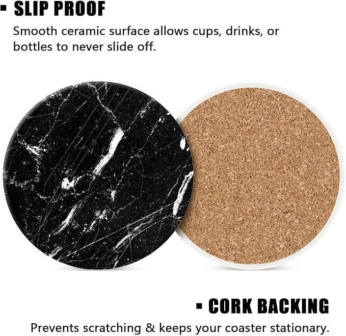 Marble Coasters Set of 4 with Holder Round Water Absorbent Premium Black Classic Marble Ceramic Coasters Tabletop Protection,Suitable for Various Coffee Cup,Home Decor,4 Inch