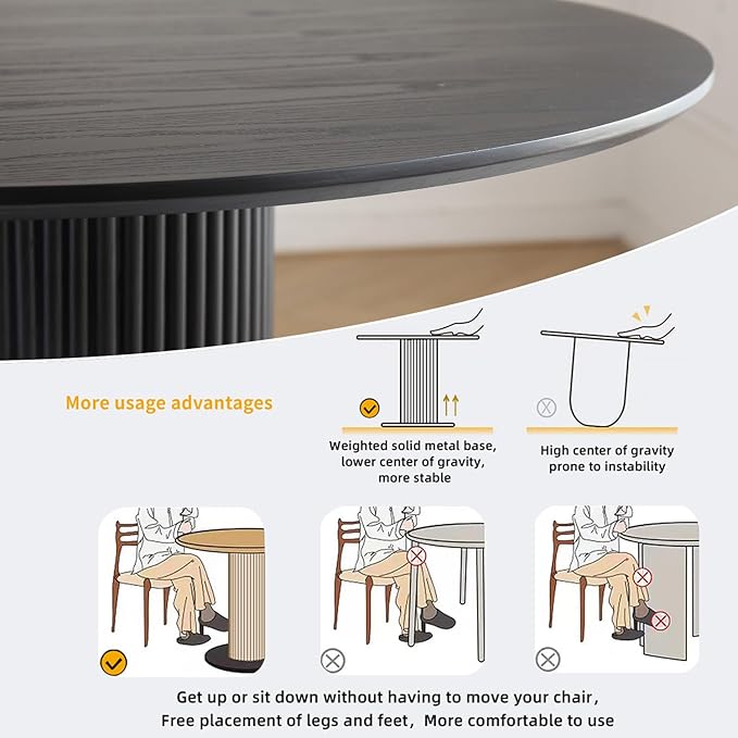 34.25" Round Wood Dining Table,Wooden Trestle Pedestal Base on Stainless Steel Plate,Small Space Kitchen Table,Modern Circular Tabletop for Kitchen, Dining Room,Negotiation Room,Cafe(Black)