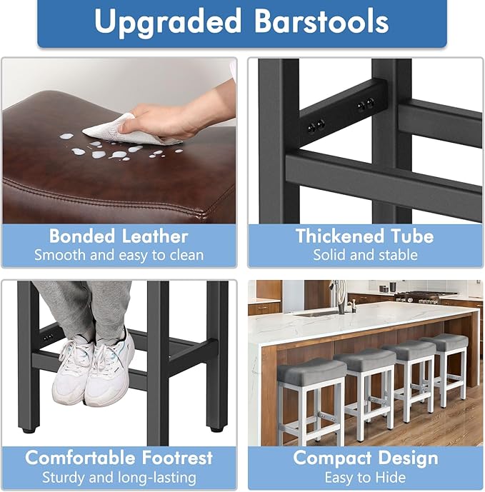 Counter Height Bar Stools Set of 2, 24 Inch Barstools for Kitchen Island Counter, Bonded Leather Kitchen Stools with Thick Saddle Seats & Heavy Duty Metal Base, Easy Assembly, Brown/Black