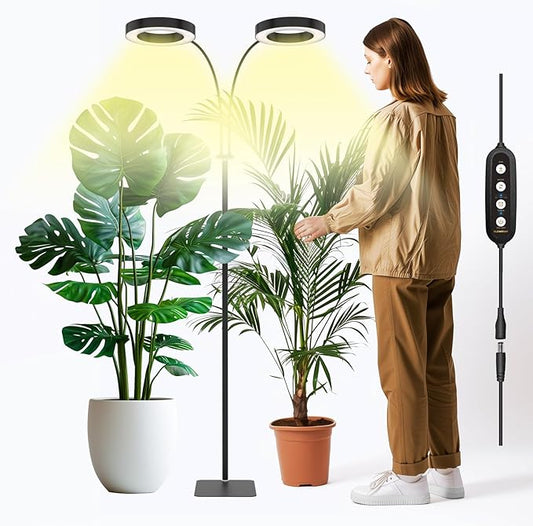 GLOWRIUM Grow Lights for Indoor Plants, 36W Full Spectrum 2-Head LED Plant Light with Stand, Adjustable Height, 3/9/12H Timer, 6 Dimmable Levels & 3 Lighting Modes(Black-Double Head)