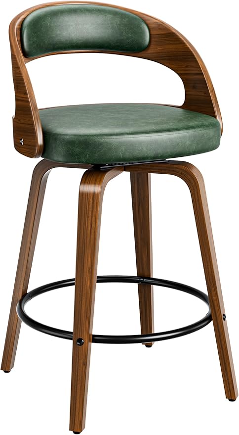 Swivel Bar Stools, 26" Upholstered Faux Leather Barstools with Bentwood Legs, Mid Century Modern Counter Height Bar Stools with Back for Kitchen Island, Dining Room, Green