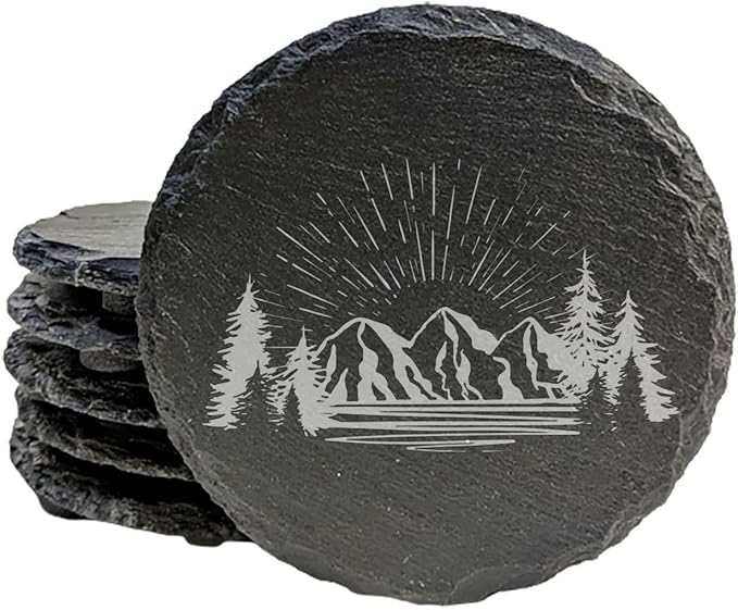 Mountain Majesty Slate Coasters with Stunning Mountain Scene Design - Perfect for Home and Office Decor and Protection of Surfaces, Available in Square or Round Coasters - Round Slate - Set of 4