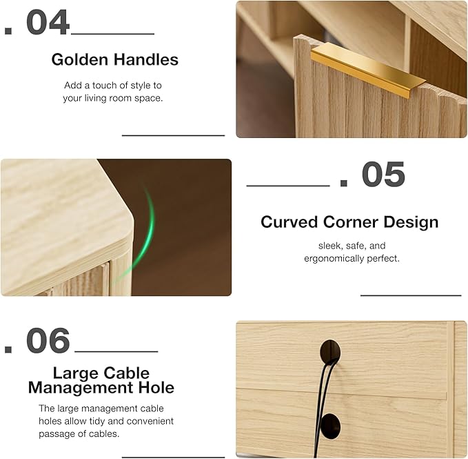 TV Stand for Living Room, Boho Entertainment Center for 55/60/65 inch TVs, Media Console with Fluted Door Cabinets and Open Shelves, for Bedroom, Oak