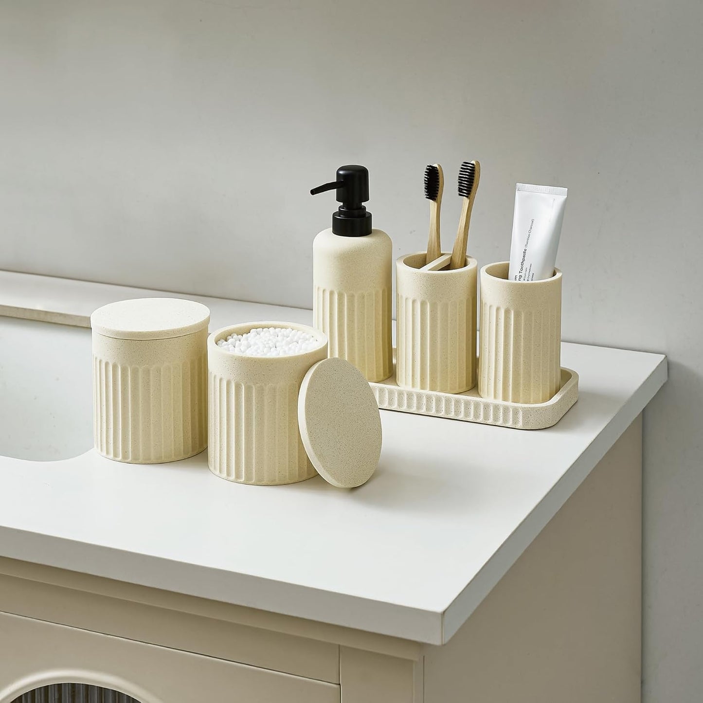 Bathroom Accessory Set - 6 Pieces Bathroom Accessories Set Complete with Soap Dispenser, Toothbrush Holder, Tumbler, Vanity Tray and 2 Qtip Holder for Home Organizer and Decor, Beige