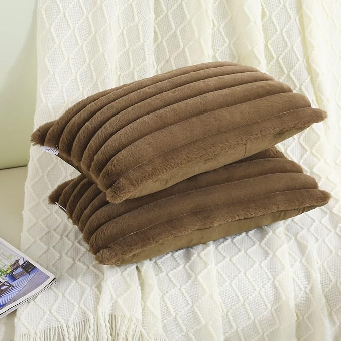 FUTEI Tan Striped Decorative Throw Pillow Covers 12x20 Inch Set of 2,Rectangle Fall Decorations Couch Lumbar Pillowcase,Soft Cozy Faux Rabbit Fur & Velvet Back,Modern Home Decor for Bed