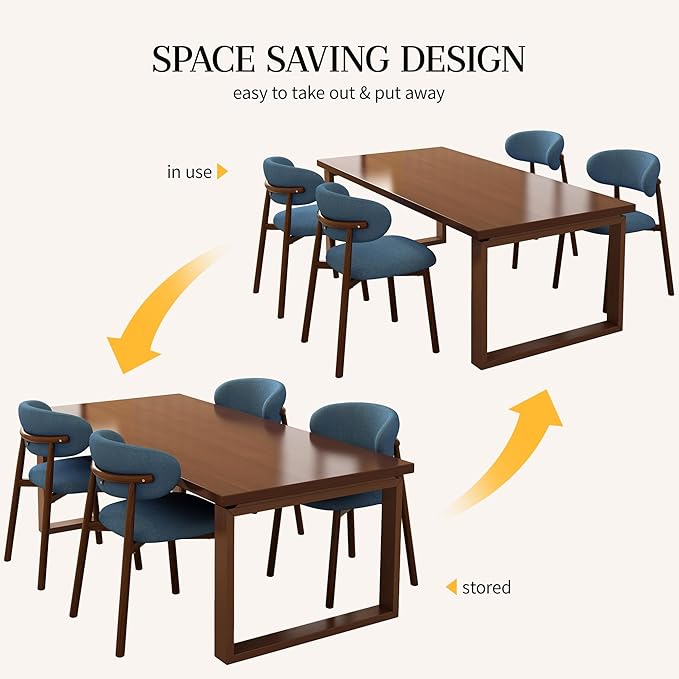 Kitchen Dining Chairs Set of 6 Modern Soft Linen Farmhouse Dining Room Chair with Metal Legs, Blue/Walnut