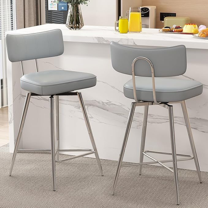 Swivel Counter Height Bar Stools Set of 2, 26" Leather Kitchen Swivel Counter Stools with Backs, Metal Legs and Footrest, Bar Chairs for Kitchen Island, Gray