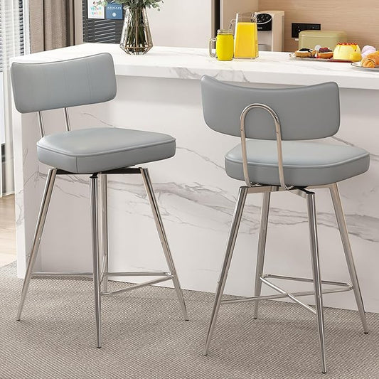 Swivel Counter Height Bar Stools Set of 2, 26" Leather Kitchen Swivel Counter Stools with Backs, Metal Legs and Footrest, Bar Chairs for Kitchen Island, Gray