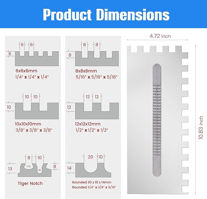 Switchable Notch Trowel Set 8-Piece Kit - Time-Saving No-Swap System, Professional Stainless Steel Tile Tools Ergonomic Grip, for Floor & Wall Tile, Cement, Concrete, Masonry Work
