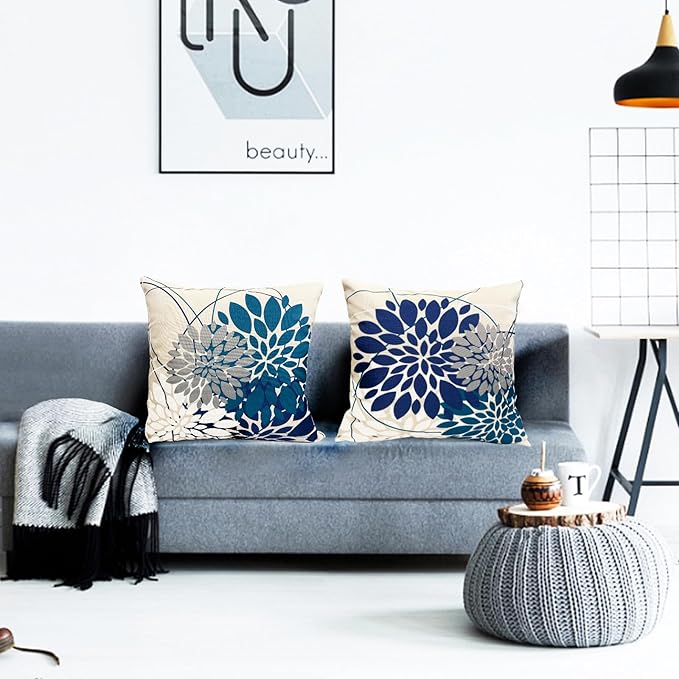 Blue Decorative Throw Pillow Covers 20x20 Inch Pillow Covers for Couch Living Room Bedroom Car Outdoor.Modern Sofa Throw Pillow Cover.Farmhouse Geometric Floral Linen Square Pillow Case.Set of 2