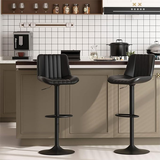 JAMFLY Bar Stools Set of 2, Swivel Bar Height Chairs Set of 2, Adjustable Tall Leather Bar Stools for Kitchen Island, Black