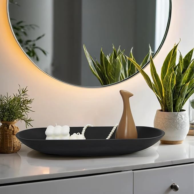 Large Decorative Bowl for Home Decor - Long Dough Bowl with Anti Slip Base for Table Centerpieces - Black Minimalist Design Dough Decor Bowl for Coffee Table, Dining Table Centerpiece