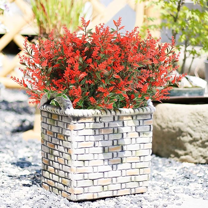 RECUTMS Artificial Lavender Flowers Plants 8 Bundles UV Resistant Faux Outdoor Plastic Greenery Shrubs Plants Hanging Planter Kitchen Home Wedding Office Garden Decor (Orange Red)