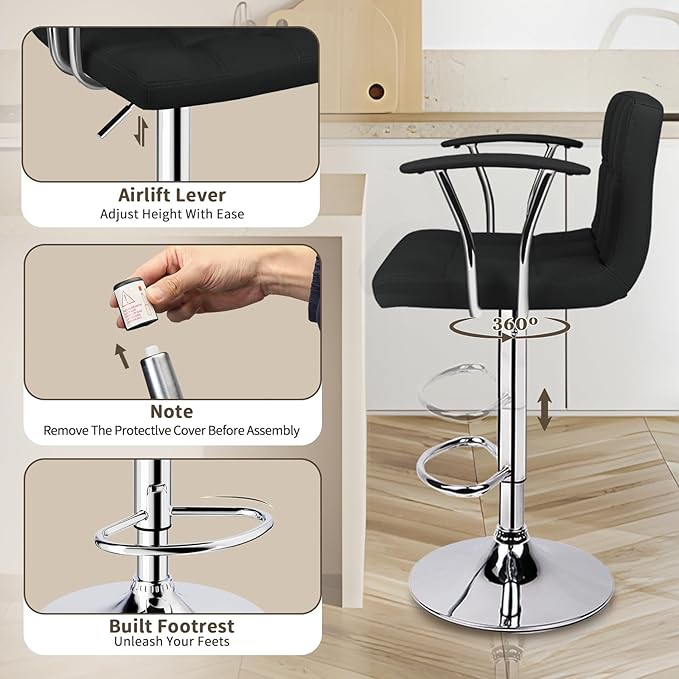 Bar Stools Set of 2,Armrest Adjustable Swivel Barstools with Back,Double Needle PU Leather Counter Height Bar Stools for Kitchen Island, Black