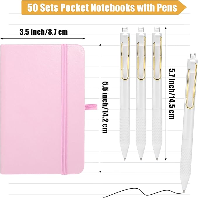 Aodaer 50 Sets Pocket Notebook Journal with Pens, 160 Pages, 3.5 x 5.5 Inch Mini Lined Journal Notebook A6 Leather Hardcover College Ruled Notepad with Pen Holder for School Office Gifts, Pink