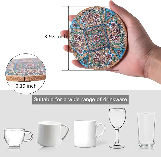 Coasters for Drinks 12 pcs Absorbent Cork Coasters with Turkish Mandala Pattrn for Coffee Table Housewarming Gifts for New Home Present for Friends, Living Room Decor, Apartment Decor