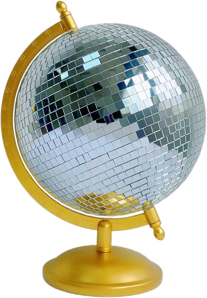 Disco Ball Globe Home Decor Statues Classic Tabletop Art Sculpture with Metal Base Discoball Unique Western Modern Decorative Aesthetic Sculptures, 8.5" x 8" x 12", Bright Gold
